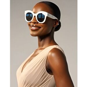 FEISEDY White Oversized Round Cat Eye Sunglasses B2249 Silver Stud Detail